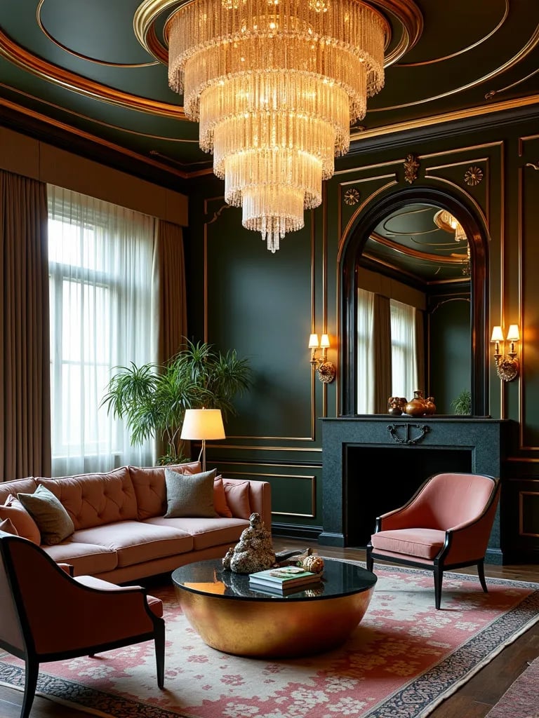 Art deco living room with opulent crystal and gold tiered chandelier