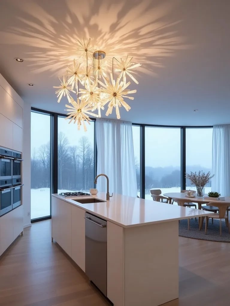 Artistic Scandinavian kitchen featuring mobile like LED light sculpture