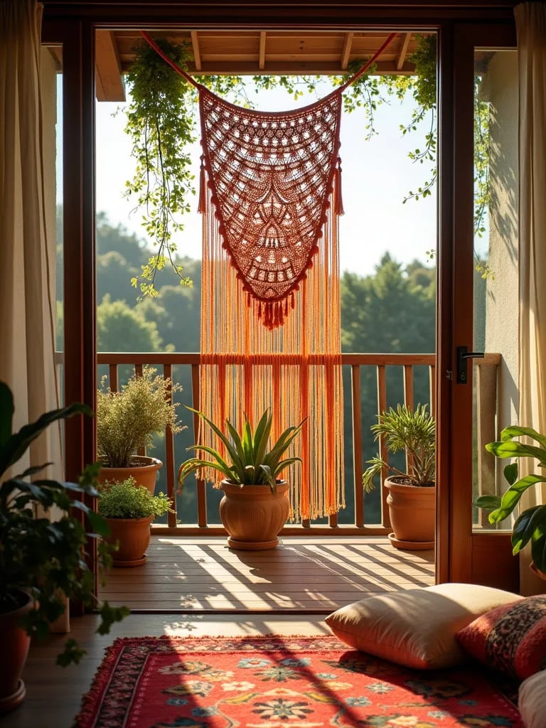Artistic balcony featuring hanging macramé, trailing plants, and cushioned seating area