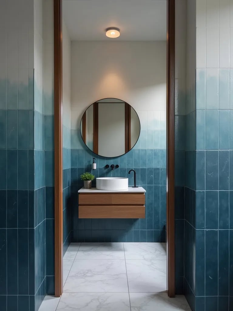 Atmospheric bathroom featuring ombre blue to white wall tiles