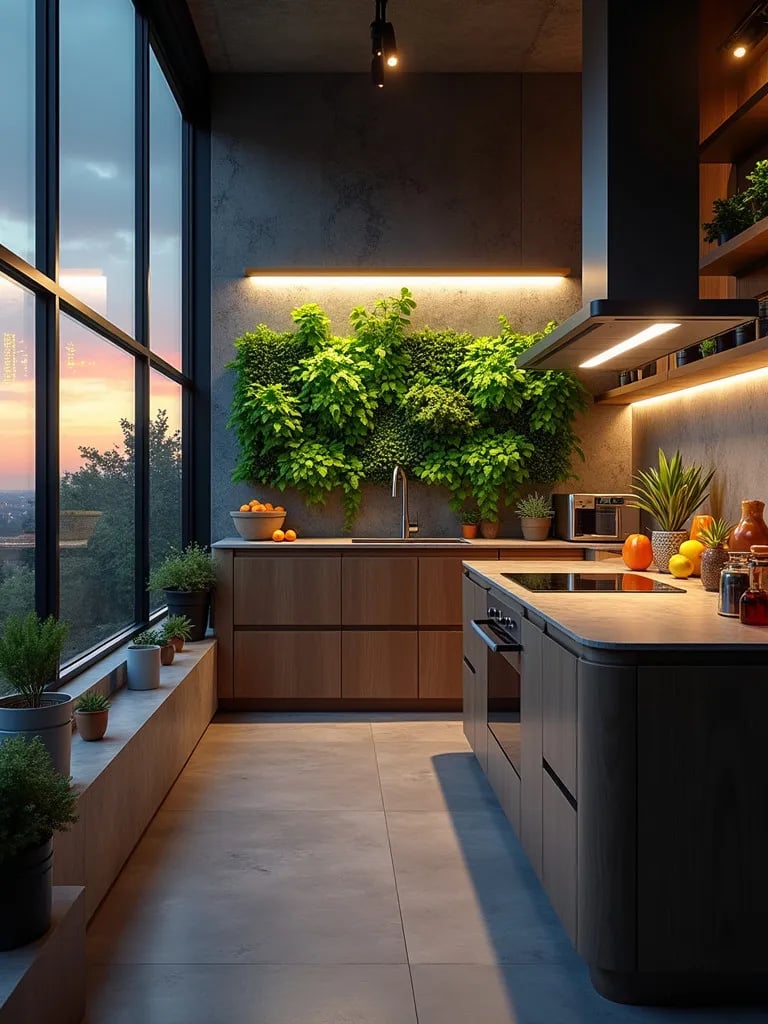 Atmospheric kitchen with mood lighting and holographic cooking assistant