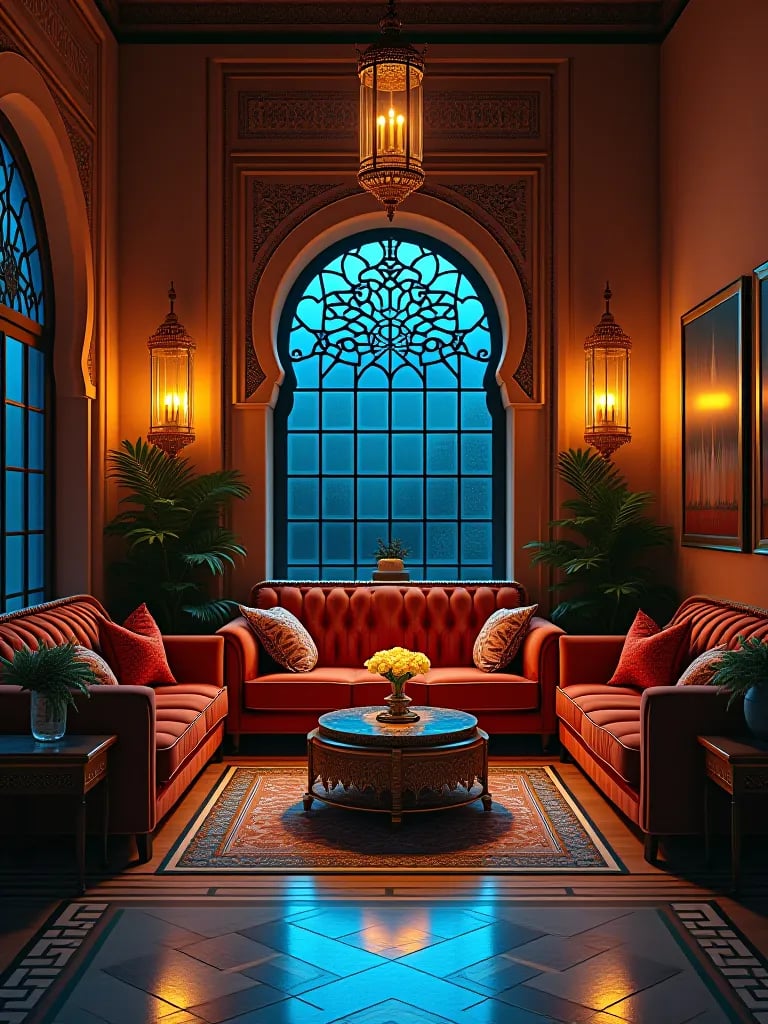 Atmospheric view of ornate living room with arched doorways and soft lighting