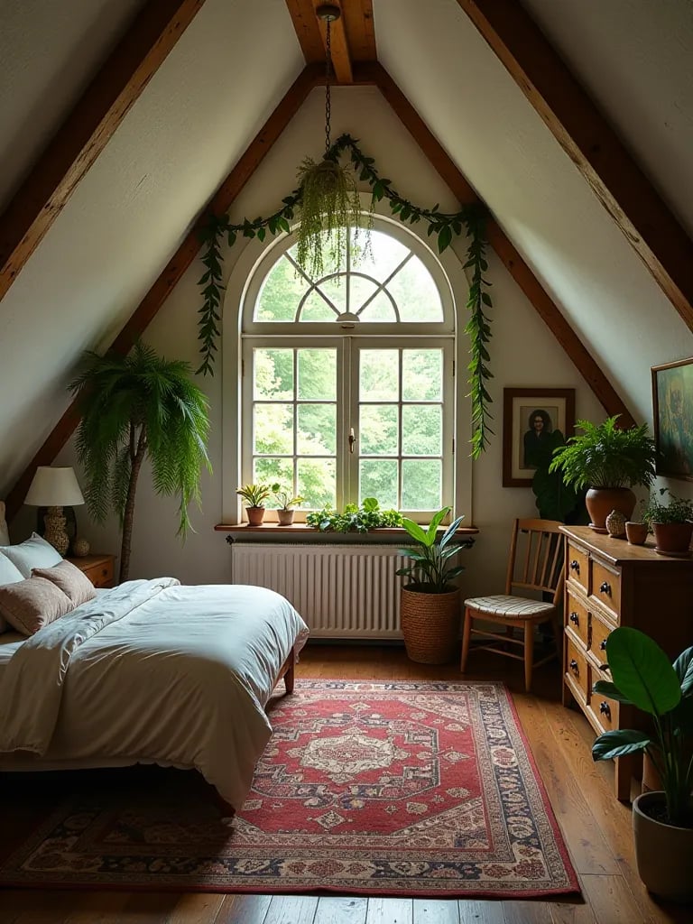 Attic bedroom with trailing plants and wood accents