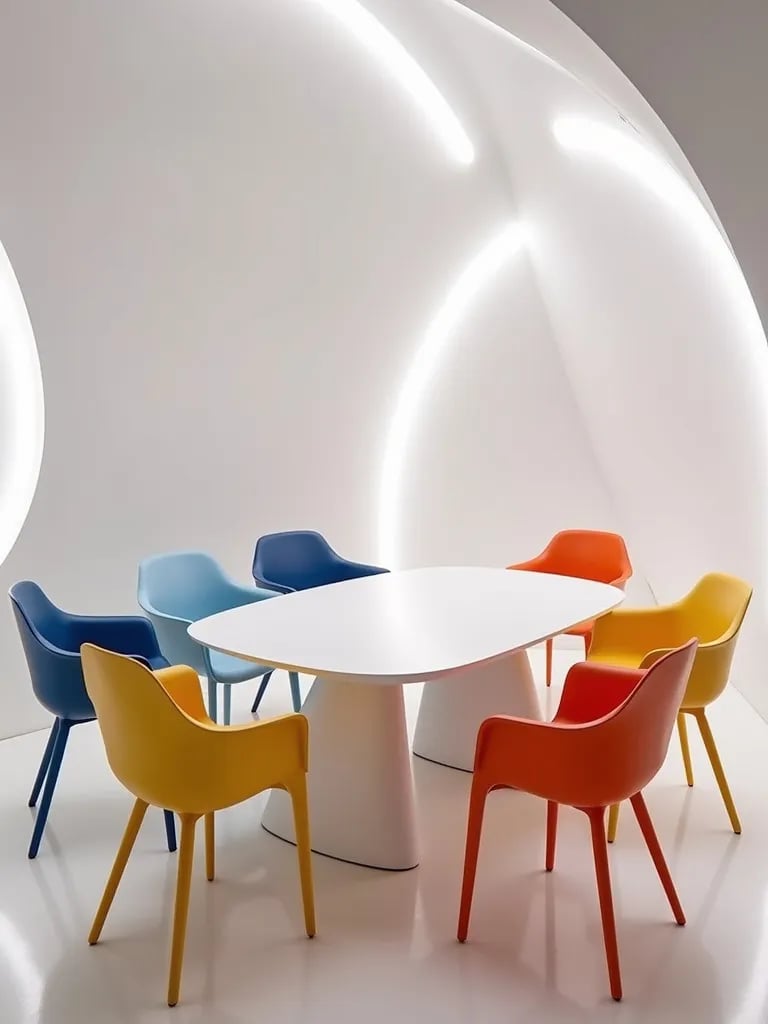 Avant garde dining area featuring white curved table with bold colored chairs
