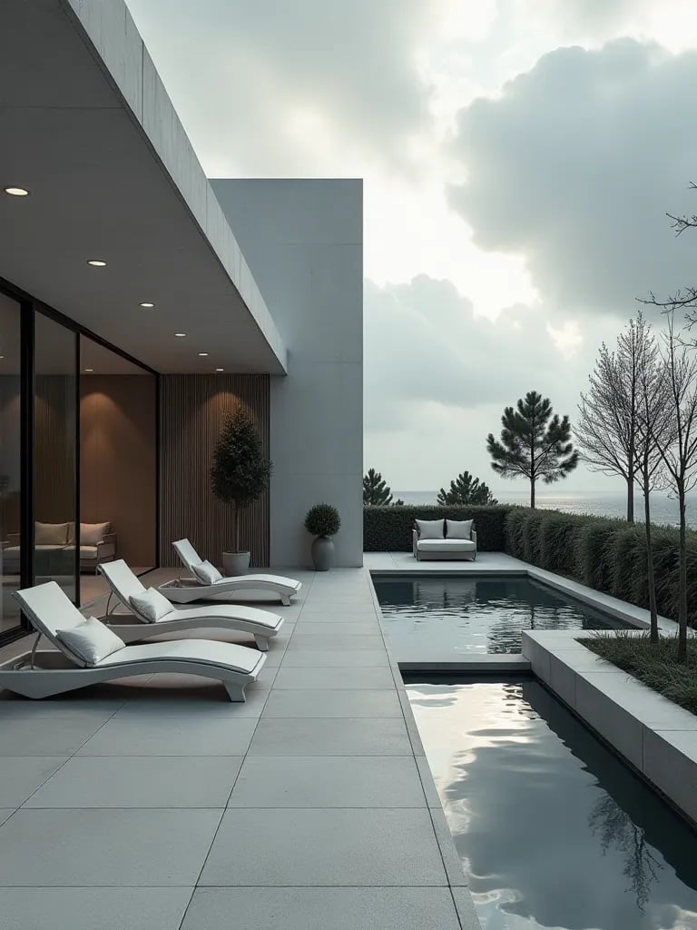 Avant garde patio with sculptural elements and monochrome scheme in moody weather