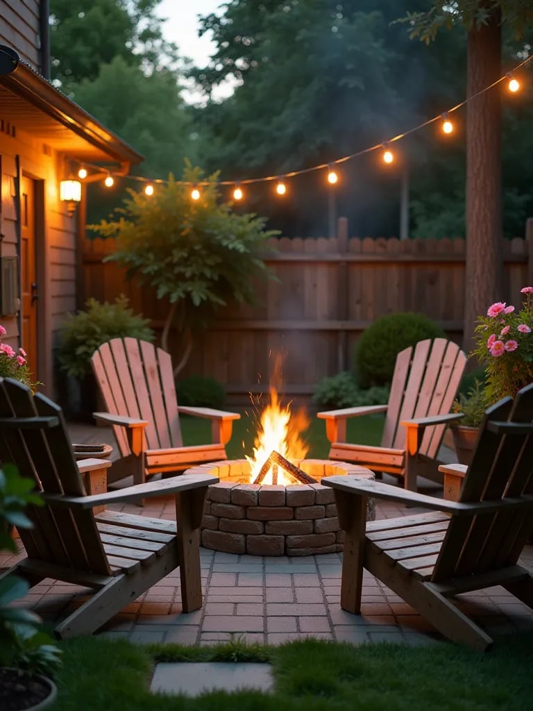 Backyard patio with homemade fire pit, wooden chairs, and wildflower decorations