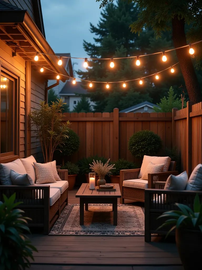 Backyard patio with overhead string lights and cozy seating at dusk