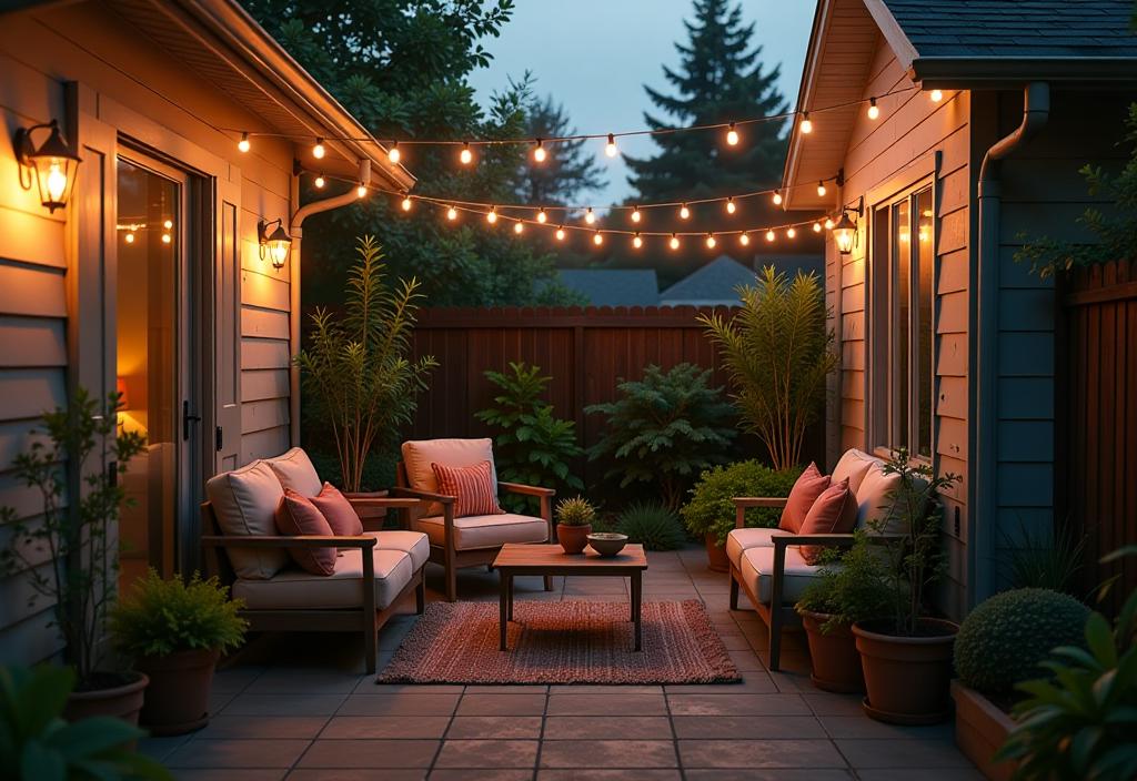 Backyard patio with string lights and cozy seating at dusk