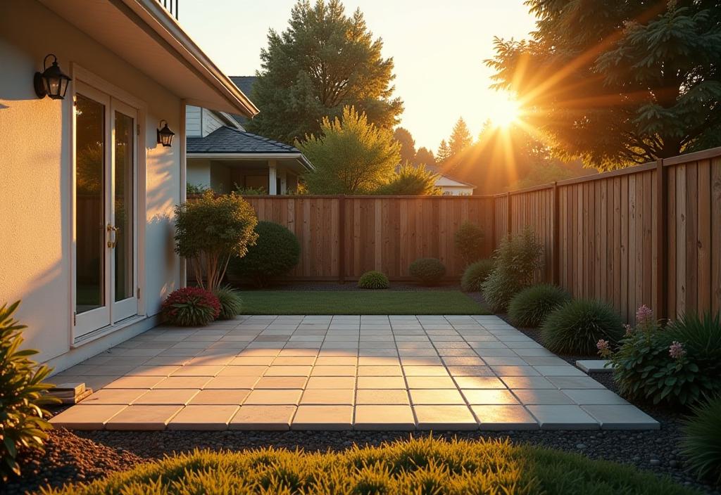 Backyard with partially installed patio, materials, and tools at sunset