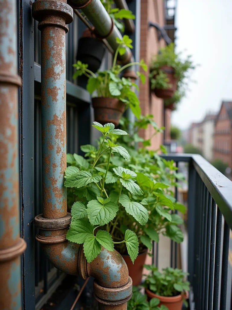 Balcony featuring vertical garden structure made from metal pipes