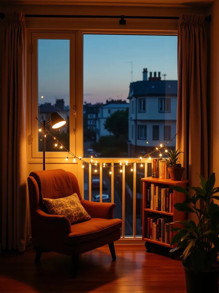Balcony reading corner with armchair, lamp, and string lit bookshelf at dusk