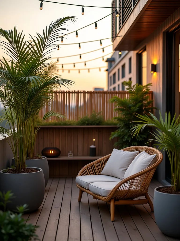 Balcony with bamboo privacy screen, string lights, and rattan loveseat at sunset