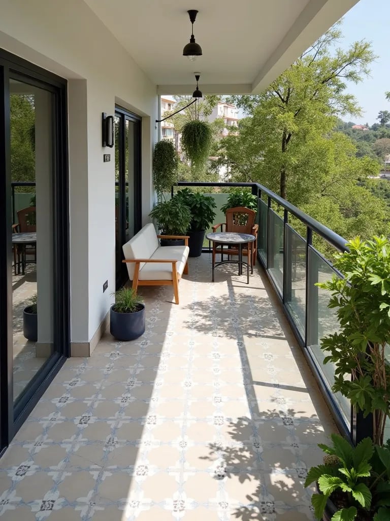 Balcony with geometric patterned tile flooring and modern furniture