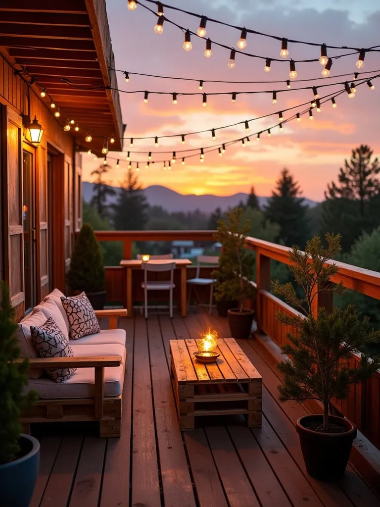 Balcony with handmade furniture and soft lighting at dusk