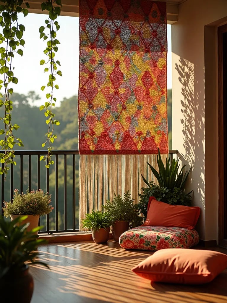 Balcony with macramé divider, plants, and floor cushions in afternoon light