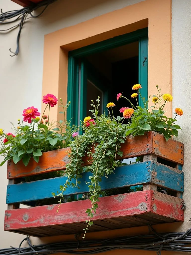 Balcony with tiered wooden crates forming colorful vertical flower garden