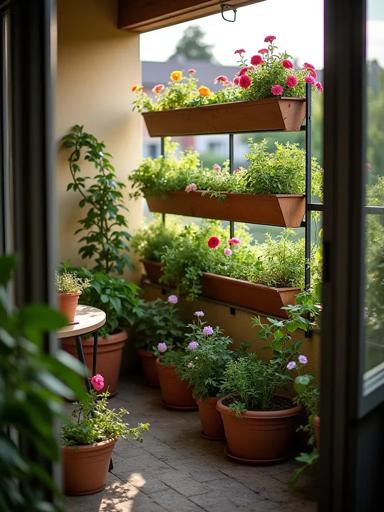 Balcony with vertical garden panels filled with colorful plants