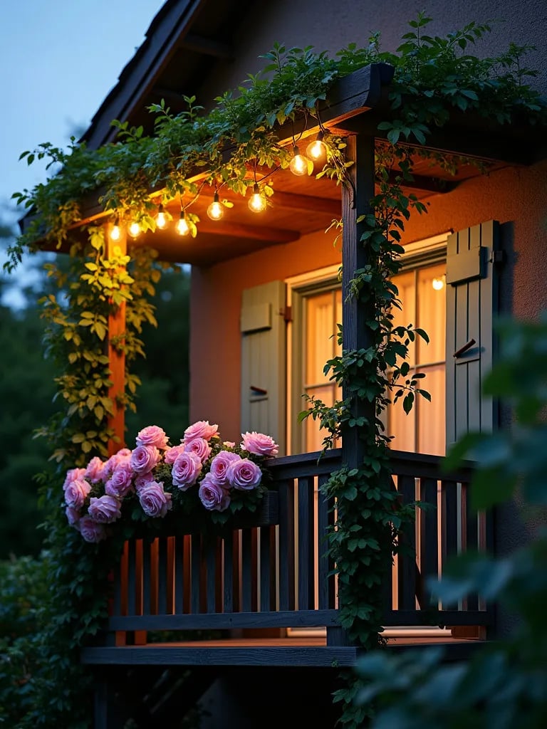 Balcony with wooden trellis covered in roses and ivy, string lights at dusk