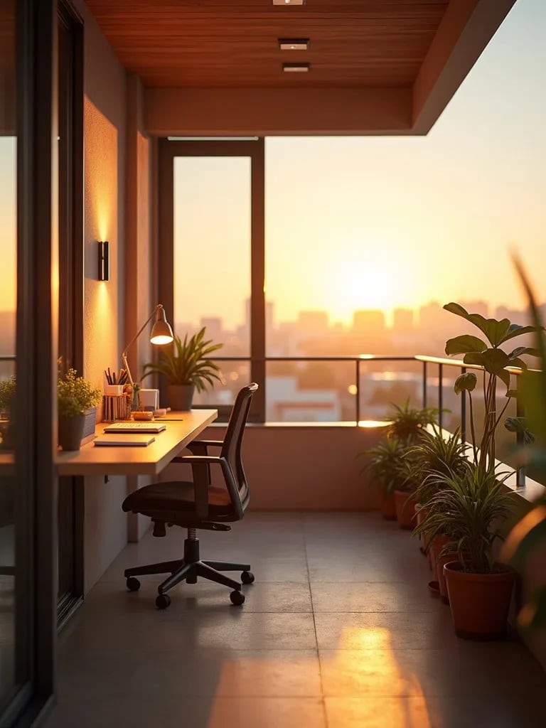 Balcony workspace with task lighting and floating desk at golden hour