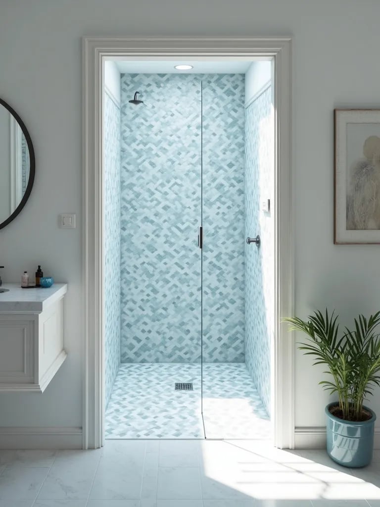 Bathroom featuring blue and white hexagonal tiled shower wall