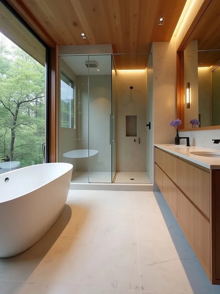Bathroom with shower, tub, and large window overlooking nature