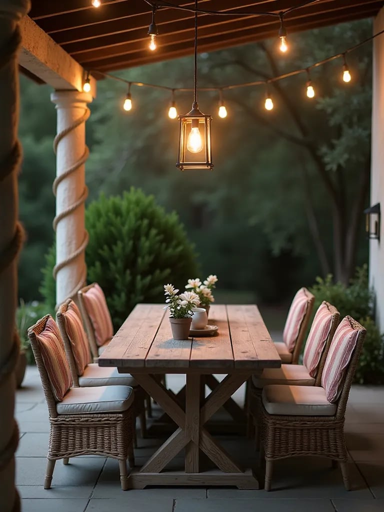 Beach inspired outdoor area with nautical lighting elements and weathered furniture