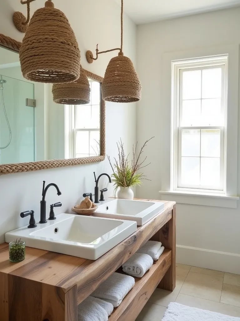 Beach themed bathroom featuring nautical lighting and natural wood