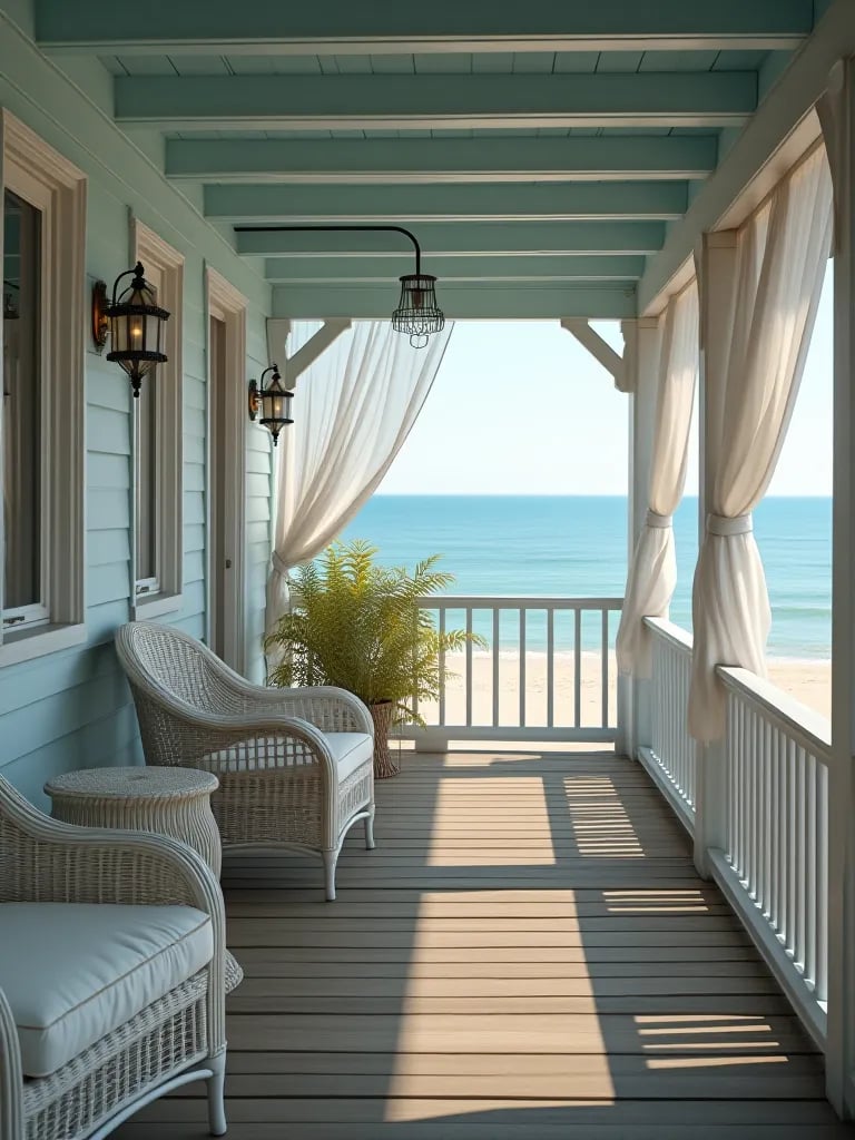 Beachfront bungalow with blue gray porch and ocean view
