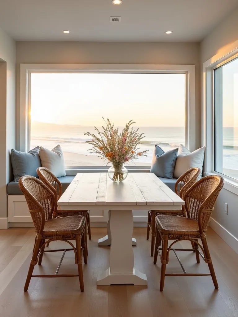 Beachy dining area featuring whitewashed table, rattan chairs, and window seat