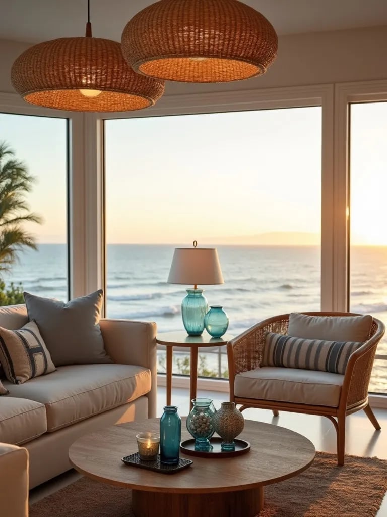 Beachy living room featuring rattan pendant lights and seaside elements