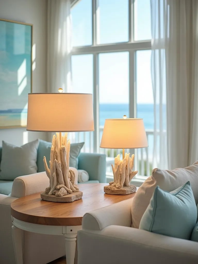 Beachy living room with ethereal glow from coastal themed table lamps