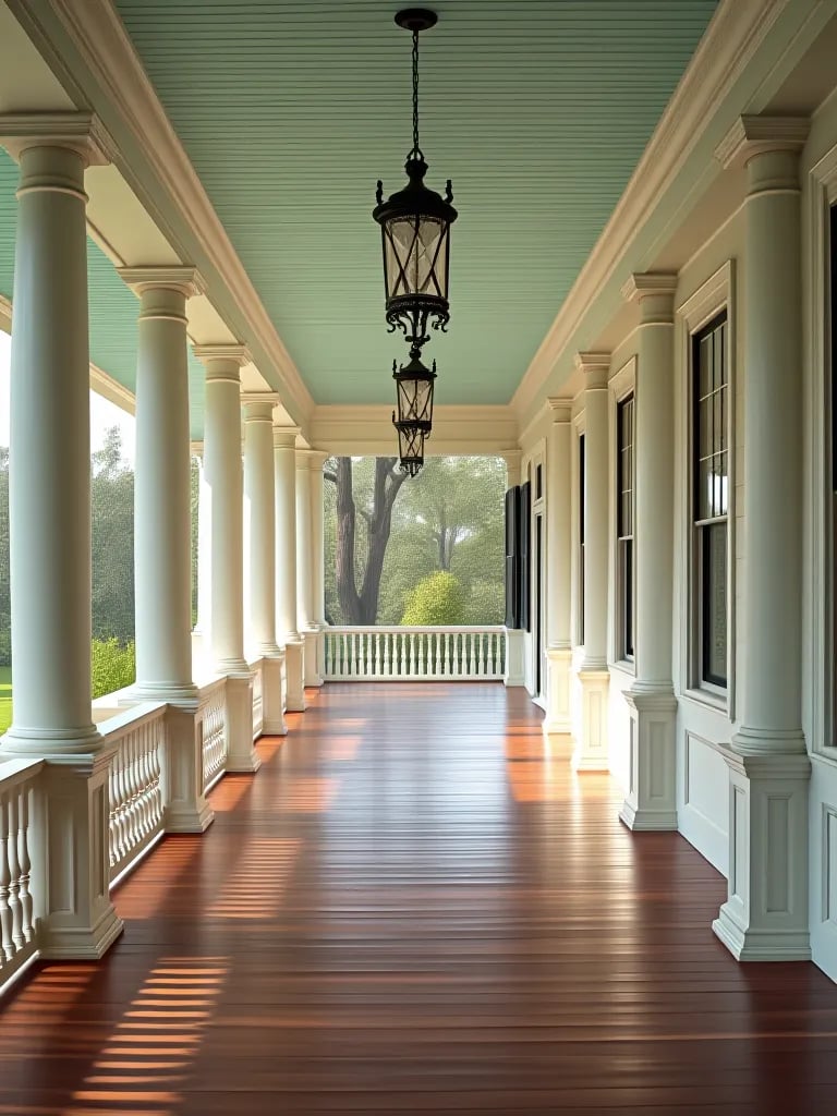 Beachy porch with gray weathered floor, blue ceiling, and porch swing