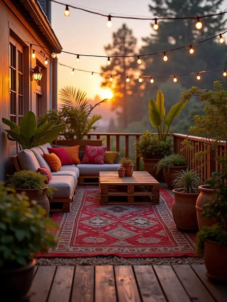 Beautifully decorated budget friendly balcony at dusk
