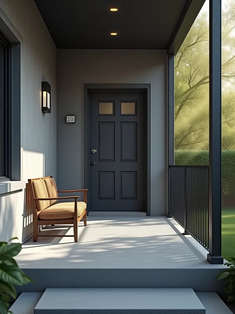 Beautifully painted farmhouse porch glowing in evening light