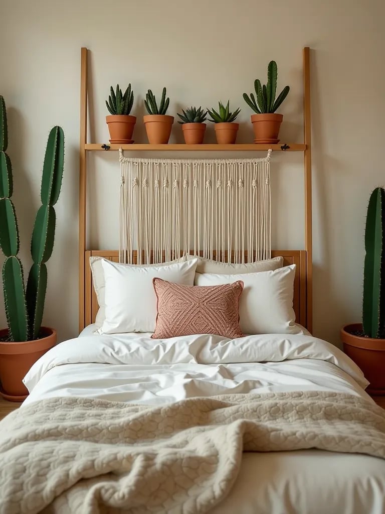 Bedroom with tall cacti and succulent ladder shelf display