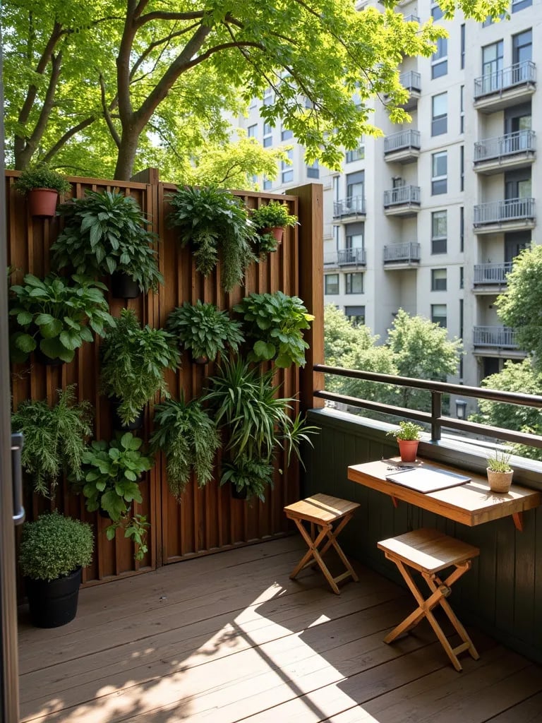 Bird’s eye view of balcony with herb wall, wooden screen, and writing desk in dappled sunlight