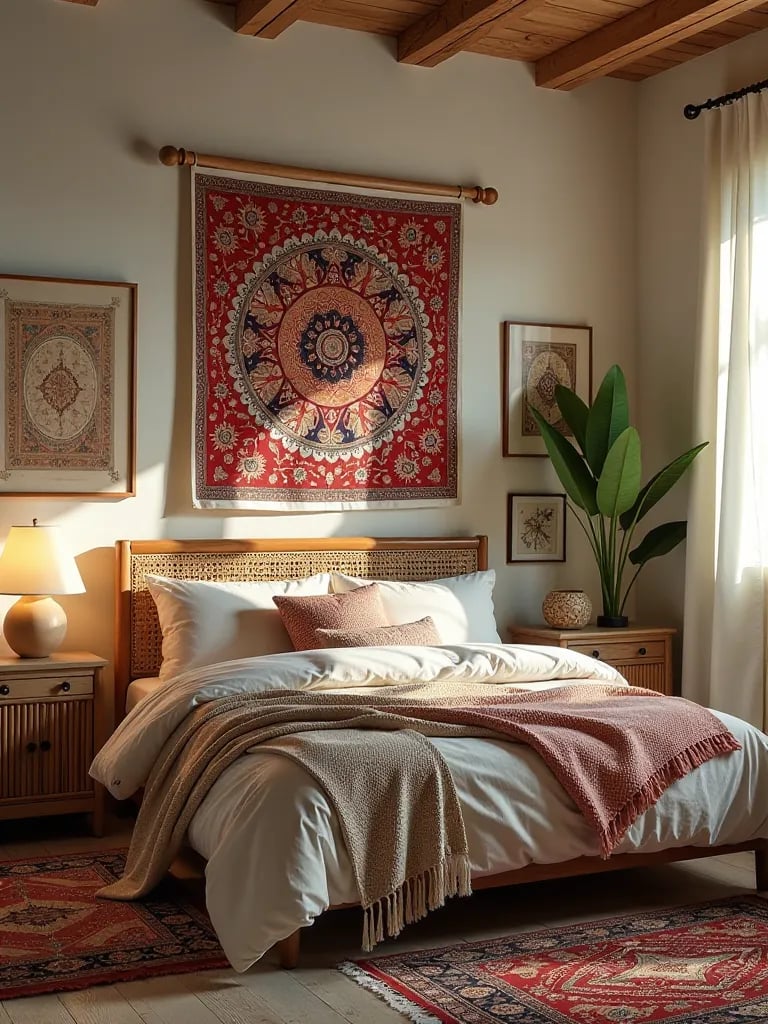 Bird’s eye view of boho bedroom showcasing layered textiles and patterns