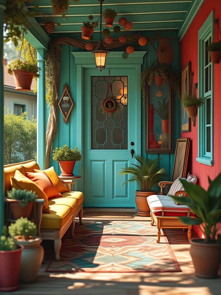 Bird’s eye view of turquoise bohemian porch with coral and yellow accents
