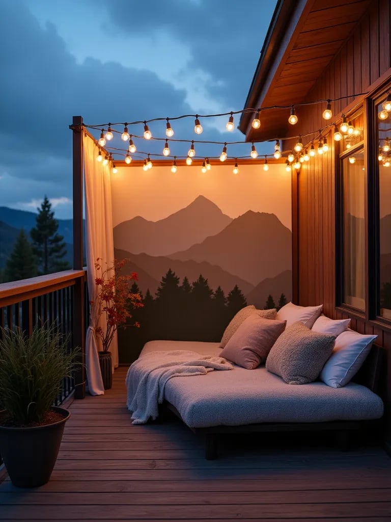 Blue hour view of balcony with light canopy, mountain mural screen, and outdoor daybed