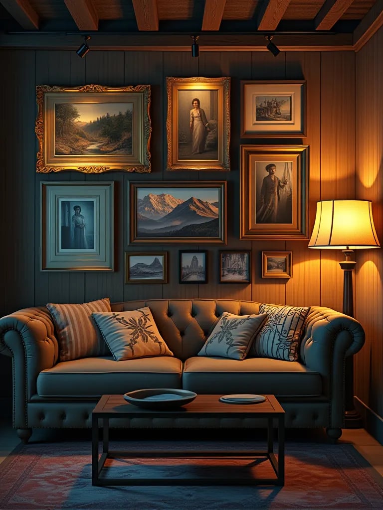 Blue hour view of rustic room with illuminated mirrors and gallery wall