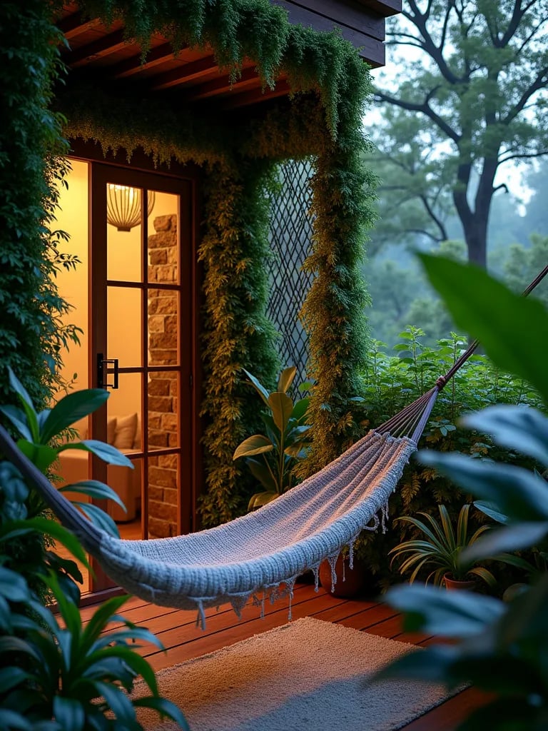 Blue hour view of tropical balcony with living wall, hammock, and natural fiber screen