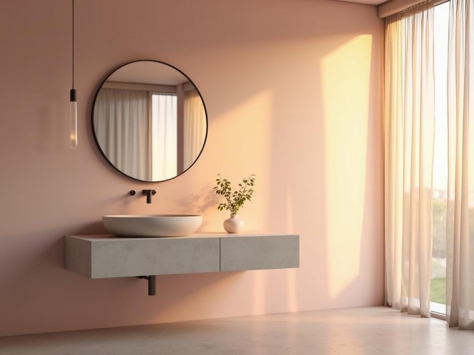 Blush pink bathroom with floating concrete vanity and golden hour lighting