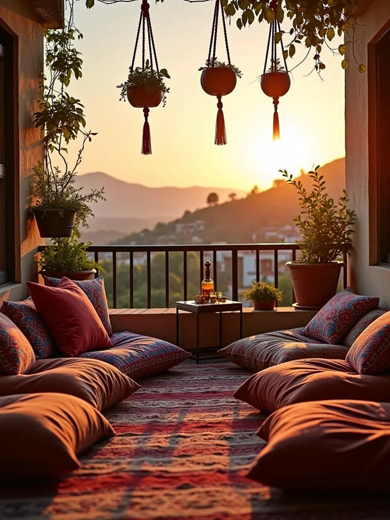 Bohemian balcony with colorful cushions and macramé in warm sunset light