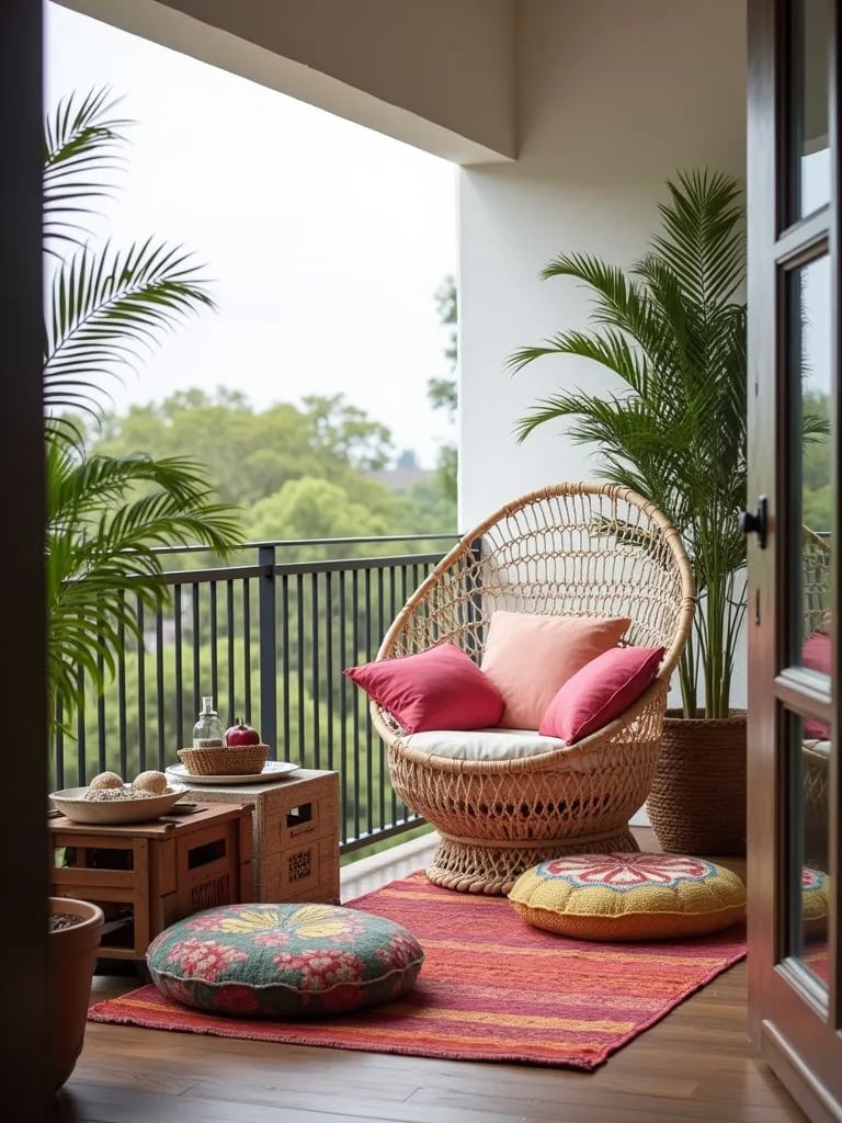 Bohemian balcony with hammock chair, cushions, and repurposed crates