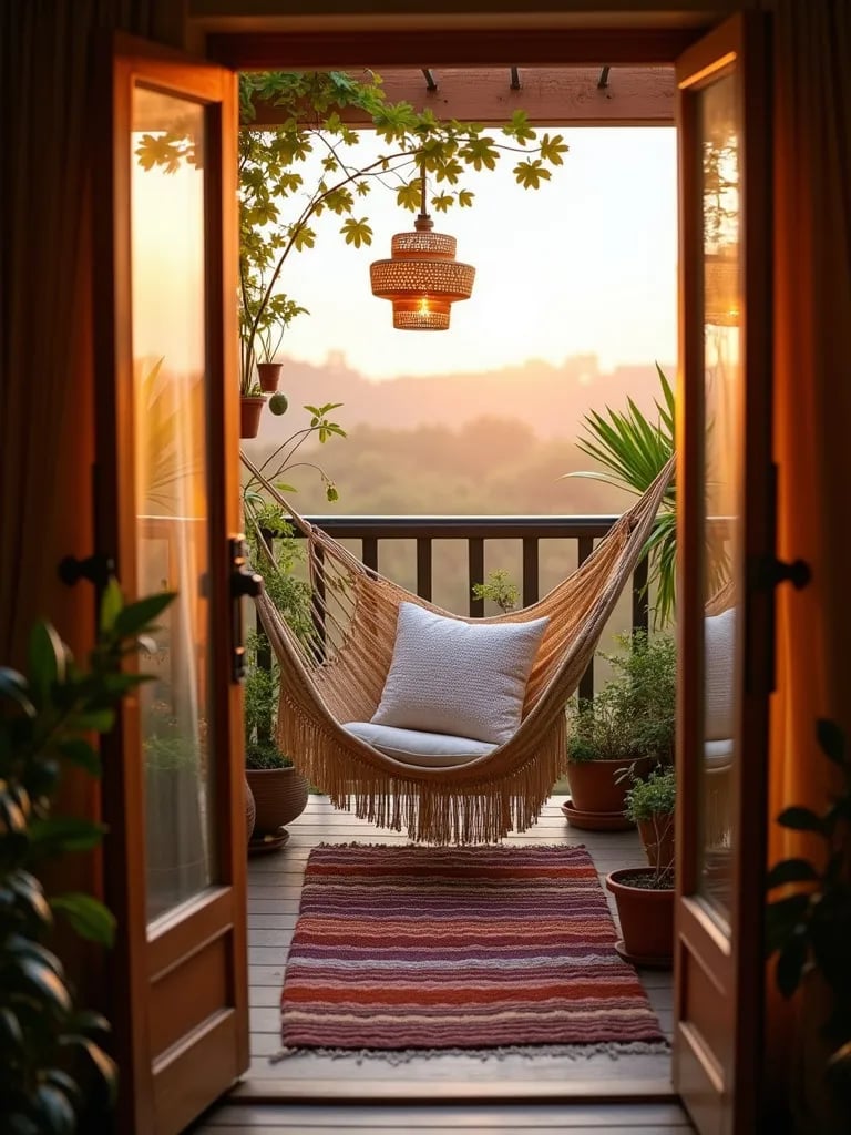 Bohemian balcony with hammock chair, rugs, and hanging plants in golden hour light