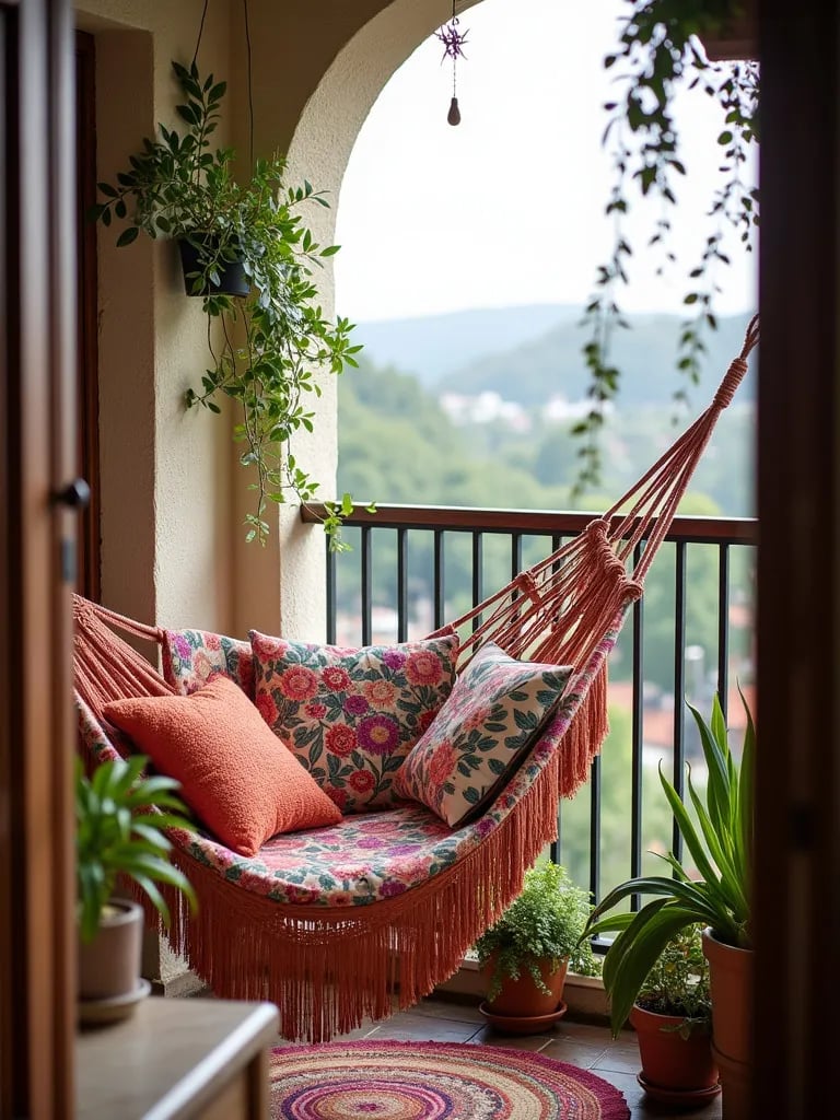 Bohemian balcony with macramé hammock, colorful pillows, and hanging plants