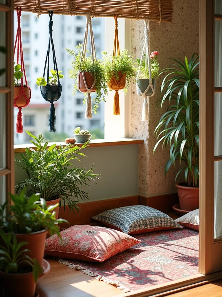 Bohemian balcony with macrame hangers, bamboo screen, and floor cushions