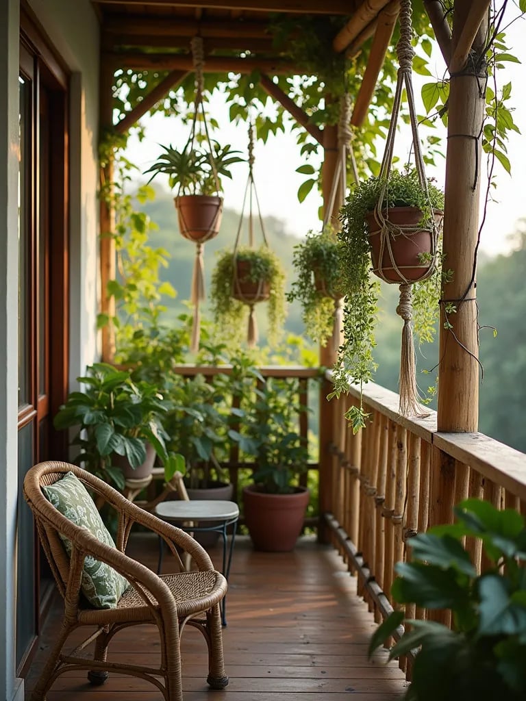 Bohemian balcony with macrame plant hangers and bamboo privacy screen