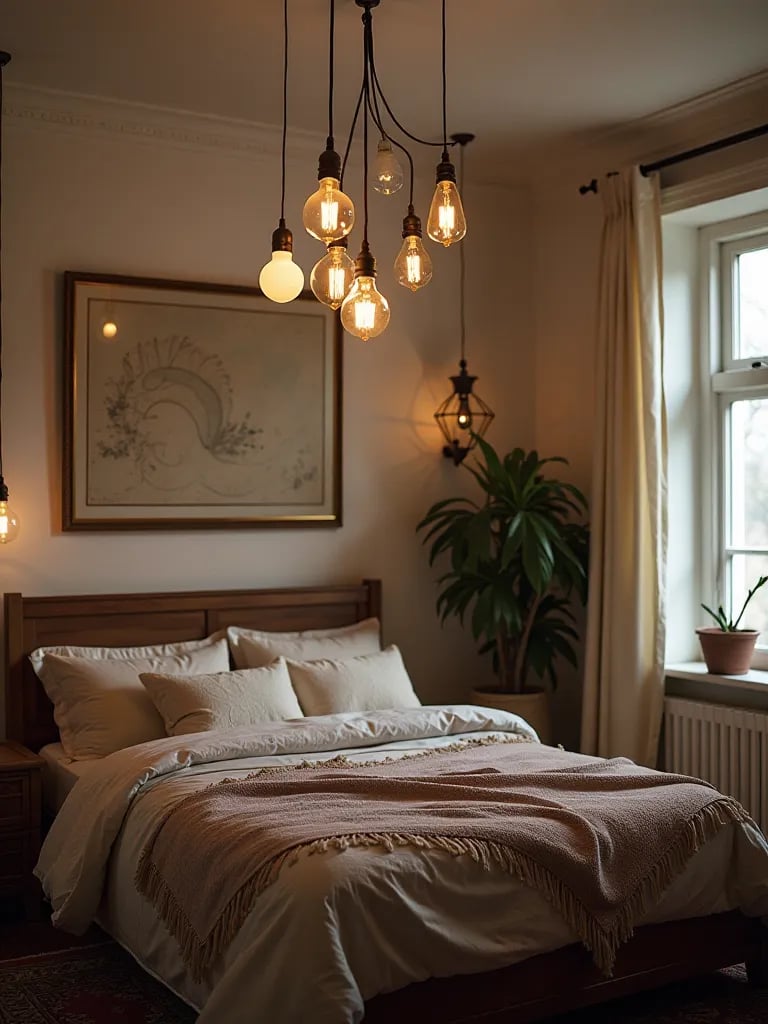 Bohemian bedroom featuring diverse pendant lights hanging at various heights
