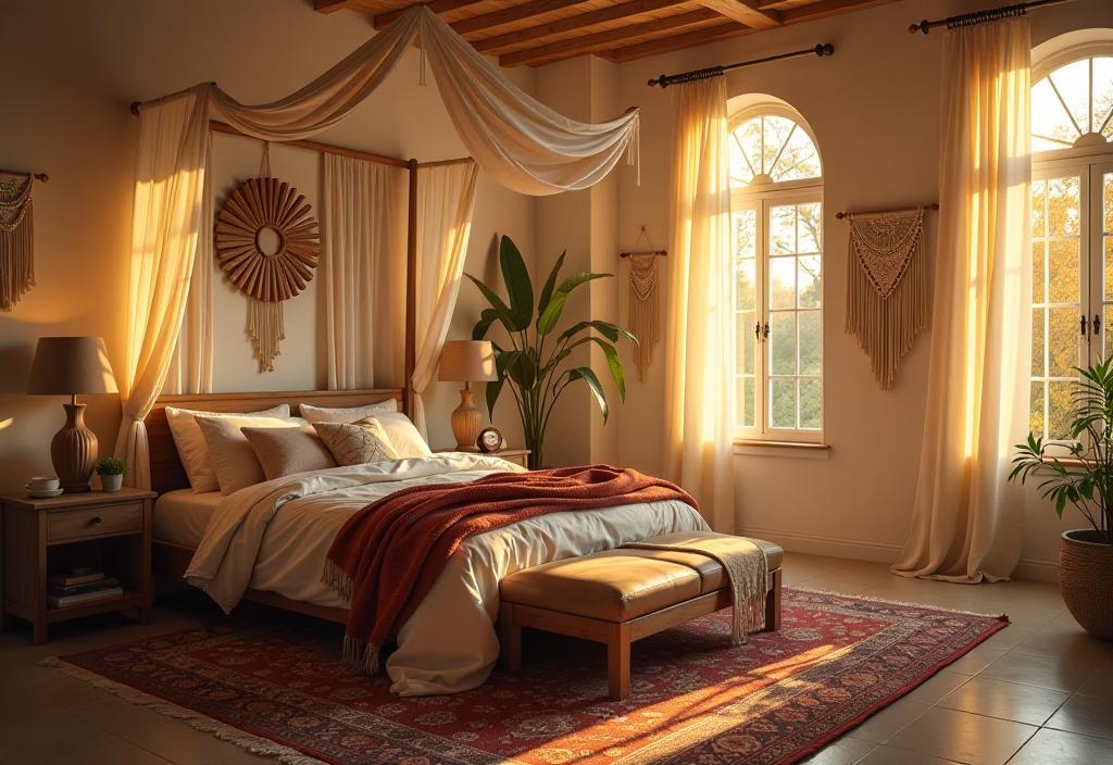 Bohemian bedroom showcasing diverse textiles and warm ambiance